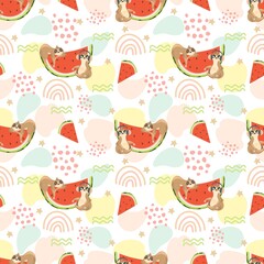 Seamless pattern with a cute sloth on a summer background. Vector illustration.