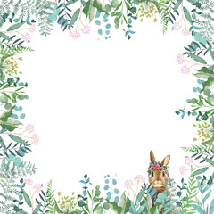 優しい色使いの北欧風オシャレな植物の中にうさぎがいる白バックフレームイラスト素材-White background frame illustration of a rabbit in a fashionable Scandinavian plant with gentle colors.