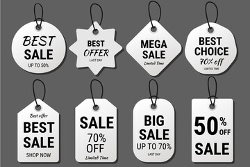 Realistic red price tags collection. Special offer or shopping discount label. Retail paper sticker. Promotional sale badge with text. Vector illustration.