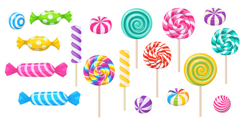 Candies, lollipop, sugar caramel in wrapper, gums and twisted marshmallow on stick. Vector set of sweets, spiral lollypops, striped bonbons and bubblegums isolated on white background - obrazy, fototapety, plakaty