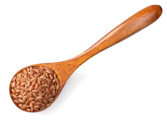 raw short-grain brown rice in the wooden spoon, isolated on white background, top view