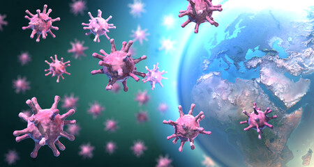 Fototapeta na wymiar Many virus particles fly around the earth - 3d illustration