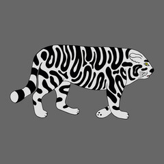 Funny white tiger. Vector character in cartoon style. hand-drawn in doodle style. Isolated. Coloring pages for children and adults. Can be used in your projects in banners, posters and postcards.
