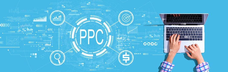 Obraz na płótnie Canvas PPC - Pay per click concept with person using a laptop