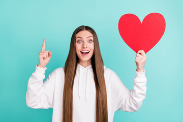 Photo of happy cheerful brown haired woman idea hold hand red paper heart shape isolated on teal color background