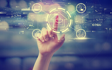 Telework theme with a hand pressing a button