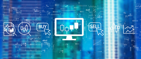 Stock trading theme with downtown skyline