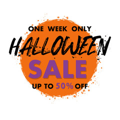 Halloween sale banner on white background for concept design.  Festive discount text. Halloween sticker.Vector grunge brush.Discount offer price sign.Vector shopping poster.