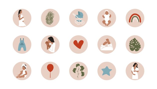 Motherhood social media highlight covers. Abstract mother kid pregnant woman baby icons contemporary style. Vector art print