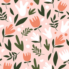 Seamless pattern in floral style. Colorful Bright Flowers on Light Pink Background Vector Illustration