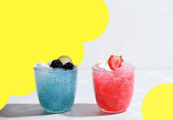 Summer drinks on a light background in glasses. Yellow spots on the background. Copy space