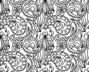 Line drawn vector seamless background with patterns of flowers and abstract doodle elements. Texture print for fabric or paper. Floristic and herbal sketches