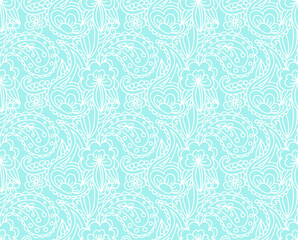 Line drawn vector seamless background with patterns of flowers and abstract doodle elements. Texture print for fabric or paper. Floristic and herbal sketches