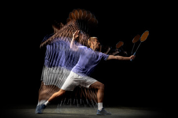 Young male badminton player, shuttler in motion and action on dark background. Stroboscope effect.