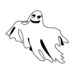Kind Ghost in continuous one line art drawing style. Spooky Halloween flying and smiling. Black linear sketch isolated on white background. Vector illustration cartoon monster. Logo symbol.