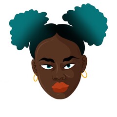 Portrait of a woman with black skin. She has blue hair and she wears gold earrings. 