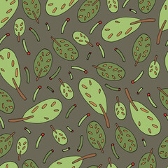 Seamless pattern with leaves and berries. Vector.. Drawn by hand in a doodle style. Modern texture for your design can be used as wrapping paper, fabric, wallpaper.