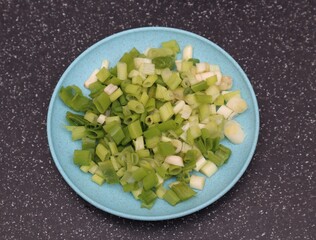 Chopped scallion green spring onion in close view