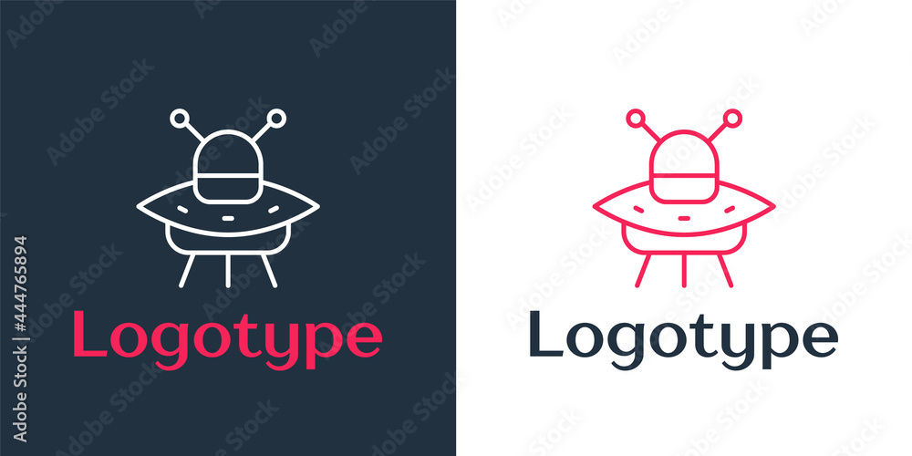 Poster logotype line ufo flying spaceship icon isolated on white background. flying saucer. alien space shi
