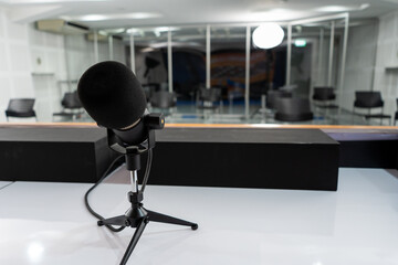 microphone is placed on the press conference preparation table.Preparation of the organization team