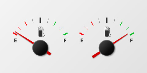 Vector 3d Realistic White Gas Fuel Tank Gauge, Oil Level Bar on White Background. Full and Empty. Car Dashboard Details. Fuel Indicator, Gas Meter, Sensor. Design Template - obrazy, fototapety, plakaty