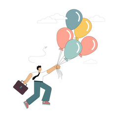 Man flies on balloons. Flight to the dream
