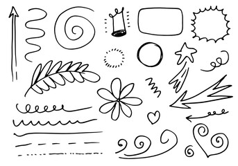 leaves, hearts, abstract, ribbons, arrows and other elements in hand drawn styles for concept designs. Doodle illustration. Vector template for decoration