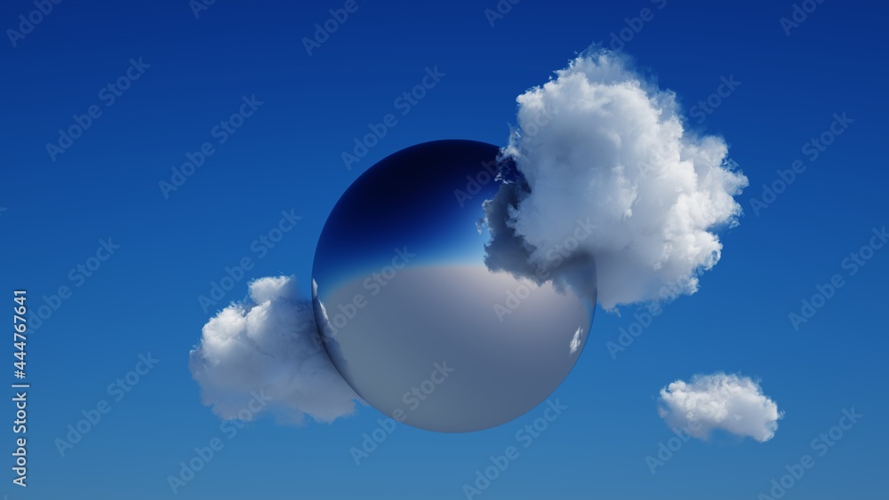 Poster 3d render, abstract modern minimal background with white clouds and chrome metallic mirror ball in t
