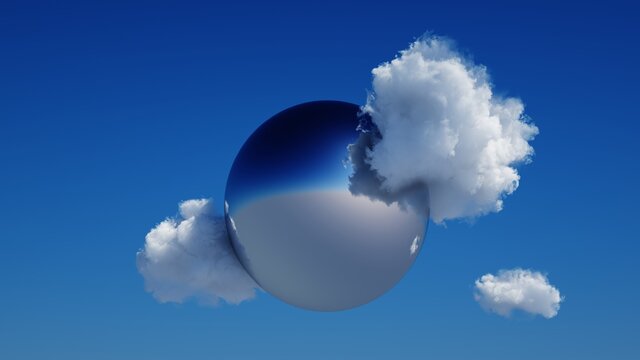 3d render, abstract modern minimal background with white clouds and chrome metallic mirror ball in the blue sky