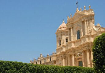 the dome of the baroque Cathedral of Noto rebuilt after the earthquake. The architectural details make it a jewel of Baroque architecture.