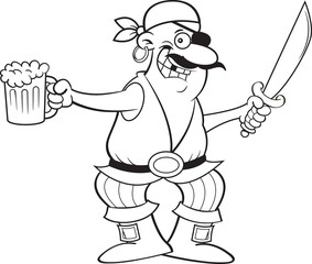 Black and white illustration of a pirate holding a sword and a beer mug.