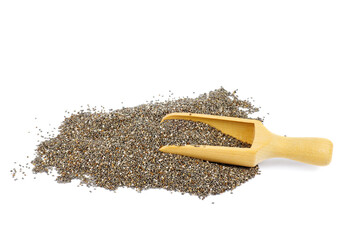 Chia (cia) seeds with wooden scoop isolated on a white background - obrazy, fototapety, plakaty