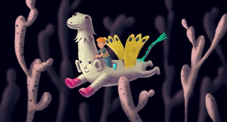 A boy with a cute monster character design, 3d illustration, imagination and dream concept idea, fantasy art, surreal artwork © Jorm Sangsorn