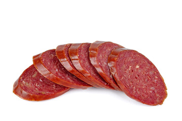 Slices of horse sausage isolated on white background.