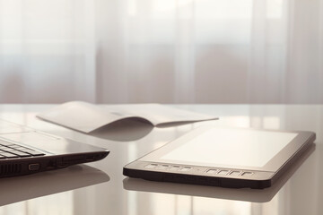 A graphic tablet and a laptop are lying on a glass table.