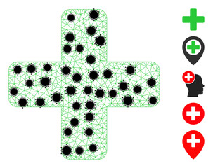 Mesh green cross polygonal symbol vector illustration, with black coronavirus nodes. Carcass model is based on green cross flat icon, with coronavirus nodes and polygonal mesh.
