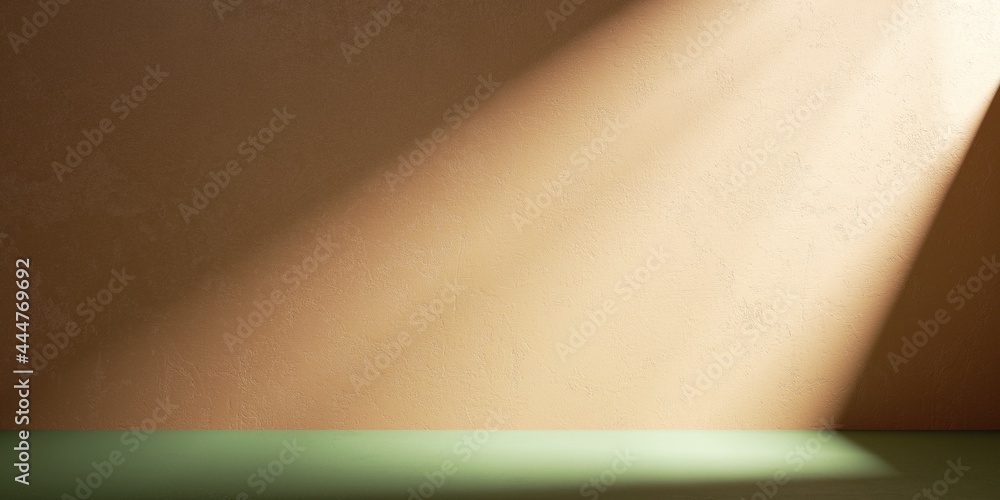 Poster 3d render, abstract background. sunlight rays shining on the empty wall with peachy stucco texture