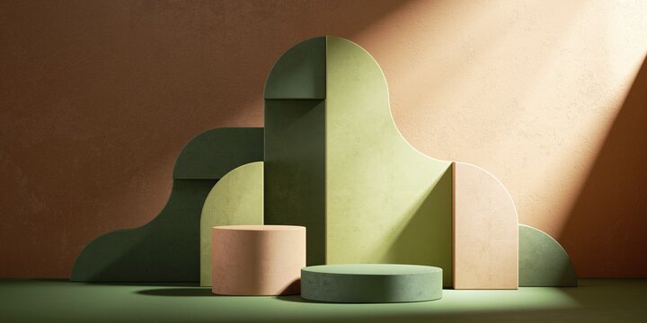 3d render, abstract modern showcase with empty podiums and assorted geometric shapes isolated on terracotta background and illuminated with sunlight rays