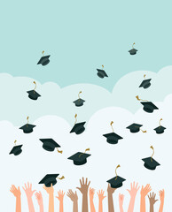 Multiracial people's hands throwing graduation hats in the air. Graduating students. - 444770637