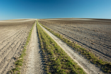 Fototapeta na wymiar Long rural road and plowed fields to the sky