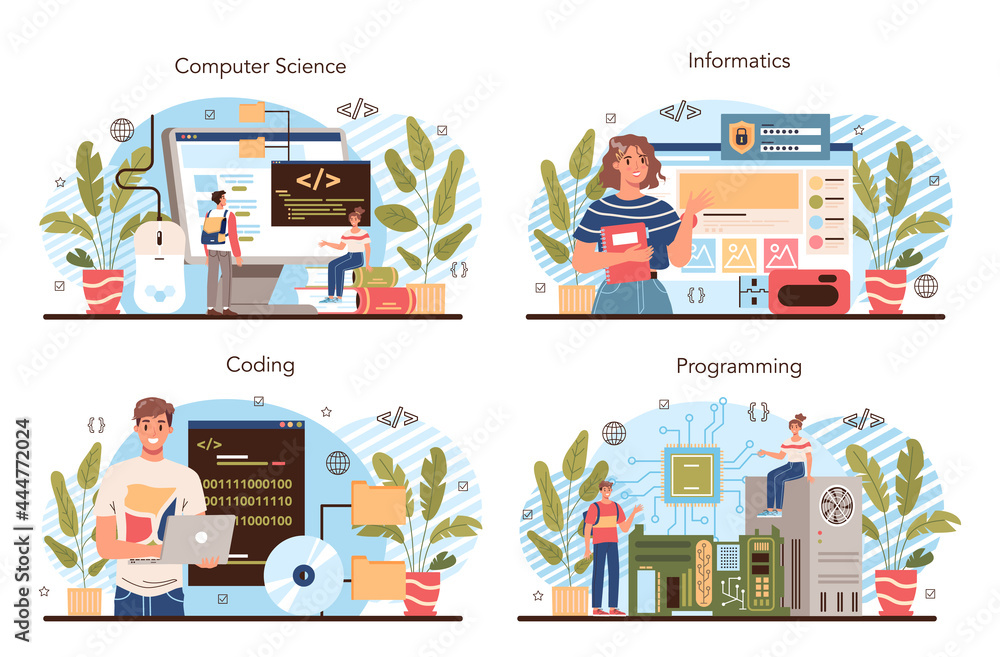 Poster it education concept set. student write software and create code