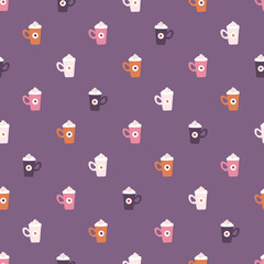 Fall Colorful Pumpkin Spice Latte Seamless Pattern on Purple Background