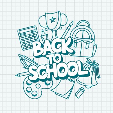 Banner on the theme of school with school supplies and the inscription back to school. Vector illustration