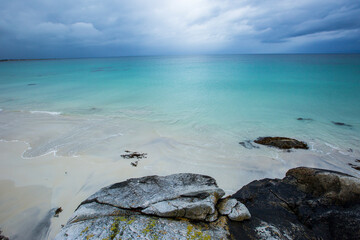 Autumn landscape and beach in Lofoten Islands, Northern Norway