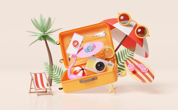 summer travel with orange suitcase, beach chair,sunglasses,camera,surfboard,umbrella,Inflatable flamingo,coconut tree, magnifying isolated on pink background ,concept 3d illustration or 3d render
