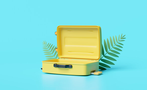  yellow suitcase empty with palm leaf isolated on blue background ,summer travel concept ,3d illustration or 3d render