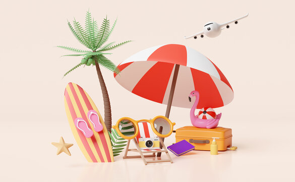 summer travel with orange suitcase, beach chair,sunglasses,camera,surfboard,umbrella,Inflatable flamingo,coconut tree, magnifying isolated on pink background ,concept 3d illustration or 3d render