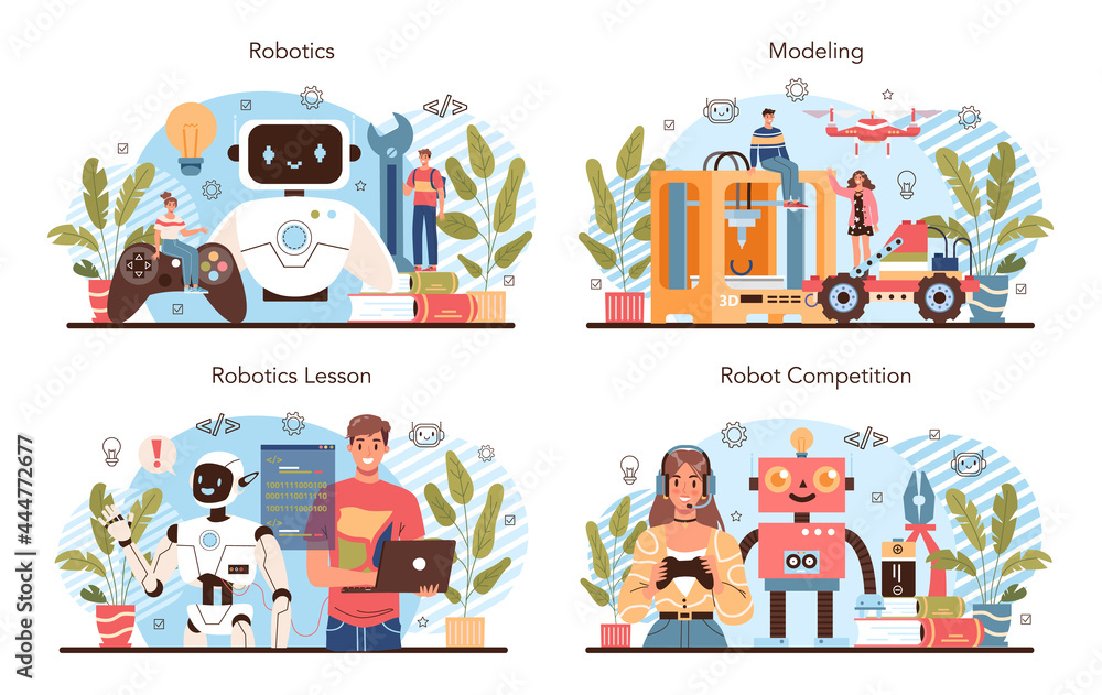 Poster robotics school course concept set. robotic engineering and constructing lesson