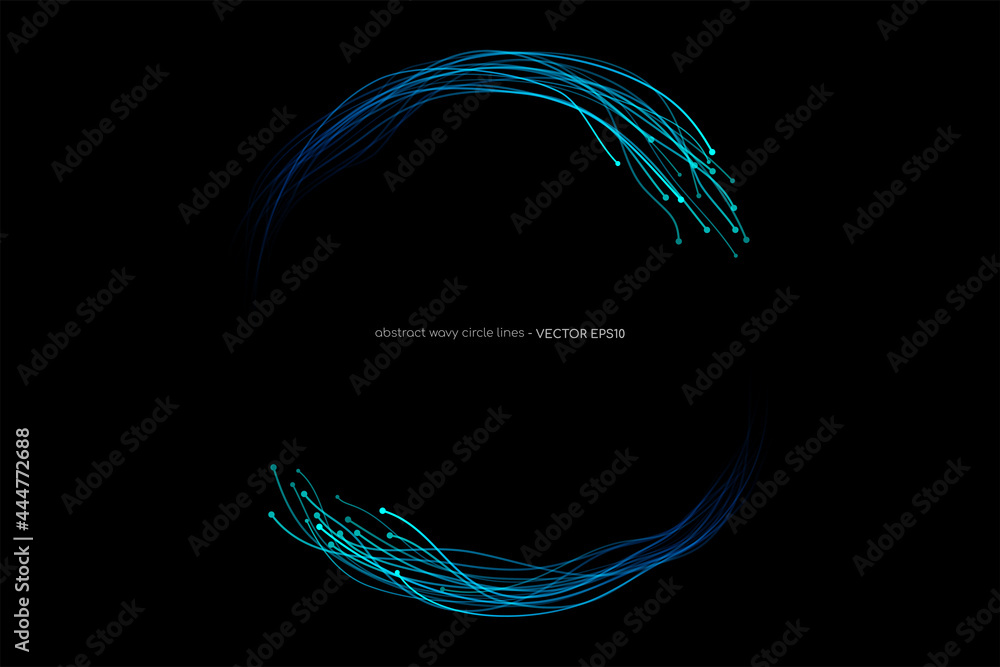 Poster Abstract wavy dynamic blue light lines circle swirl round frame isolated on black background in concept technology, neural network, neurology, science, music.