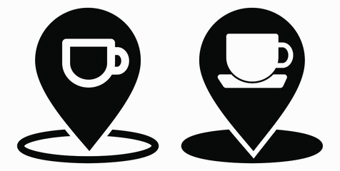 Location of the cafe. GPS and cup. Point on the recreation map. Restaurant icon. Vector icon.